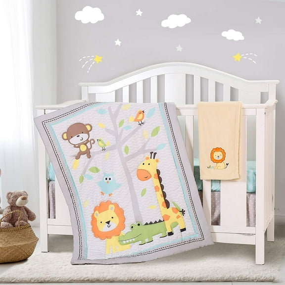 Sweet Baba Gray Lion Crib Bedding Set for Unisex Girls and Boys, 4 Pieces Crib Set Including Quilt, Fitted Sheet, Crib Skirt,Blanket