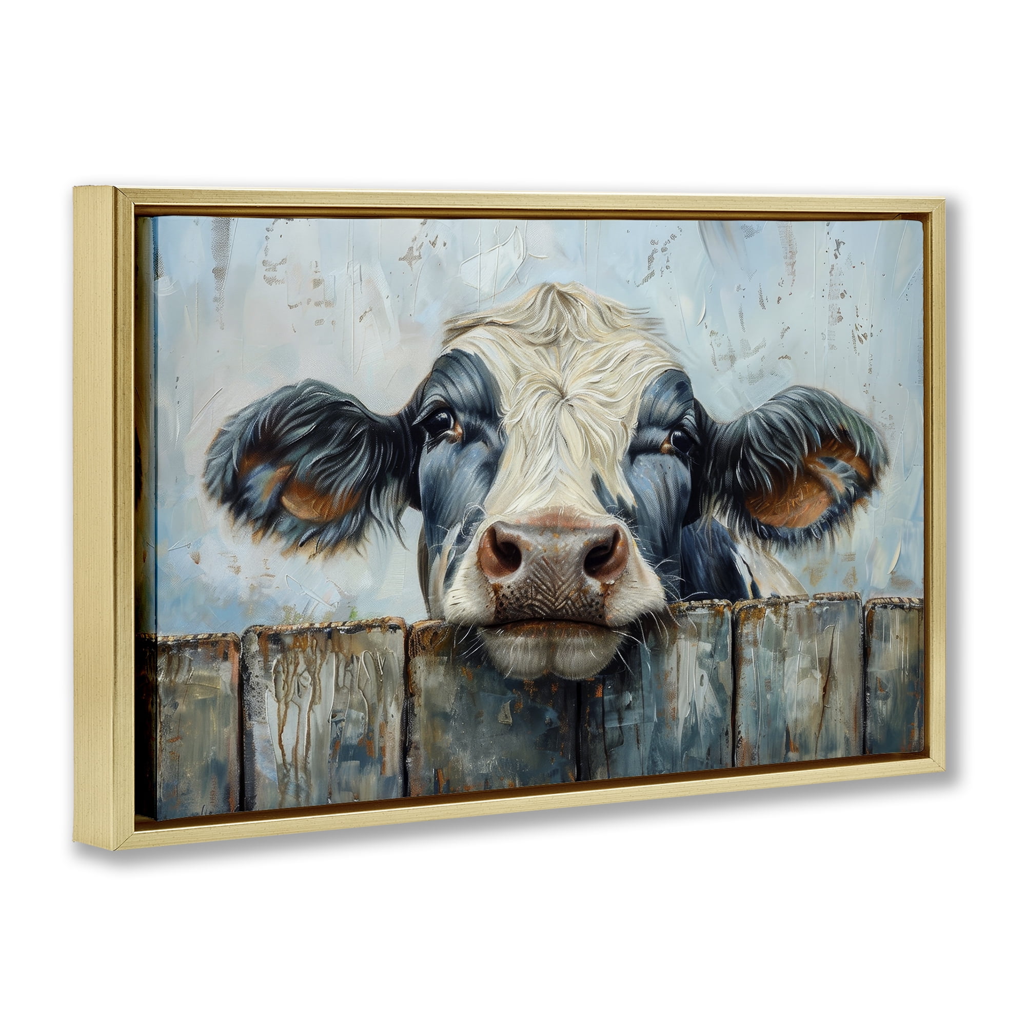 Stupell Industries Howdy Neighbor Cow Animals & Insects Painting Gold Floater Framed Canvas Art Print Wall Art, 31 x 21