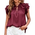 thumbnail image 1 of Blusa de manga con volantes en capas para mujer, camisa elegante con cuello en V, holgada, con cordón, para citas, 1 of 6