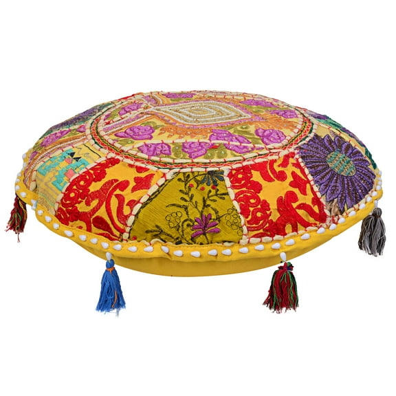 Stylo Culture Ethnic Round Floor Cushion Vintage Bohemian Patchwork Cover Yellow Throw Pillow Cover 18 Small Decorative Decor Seating Tuffet Seat Pouf Cover Footstool Cotton Embroidered 1 Pc