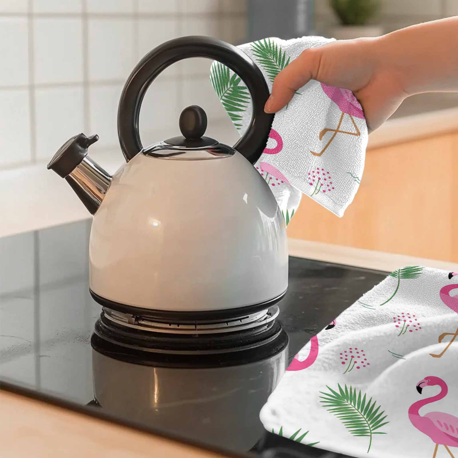 Pink Flamingos Kitchen Towel Dish Cloths Set of 2, Microfiber Soft Kitchen Hand Towels, Summer Green Tropical Palm Leaves Absorbent Quick Drying Dishcloths 18 x 28 Inches