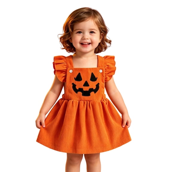 Toddler Girls Halloween Pumpkin Dress, Orange Corduroy Ruffle Strap Overall Dress, Cute Jack O Lantern Embroidery Princess Skirt for Holiday Party (Orange,3-4 Years)