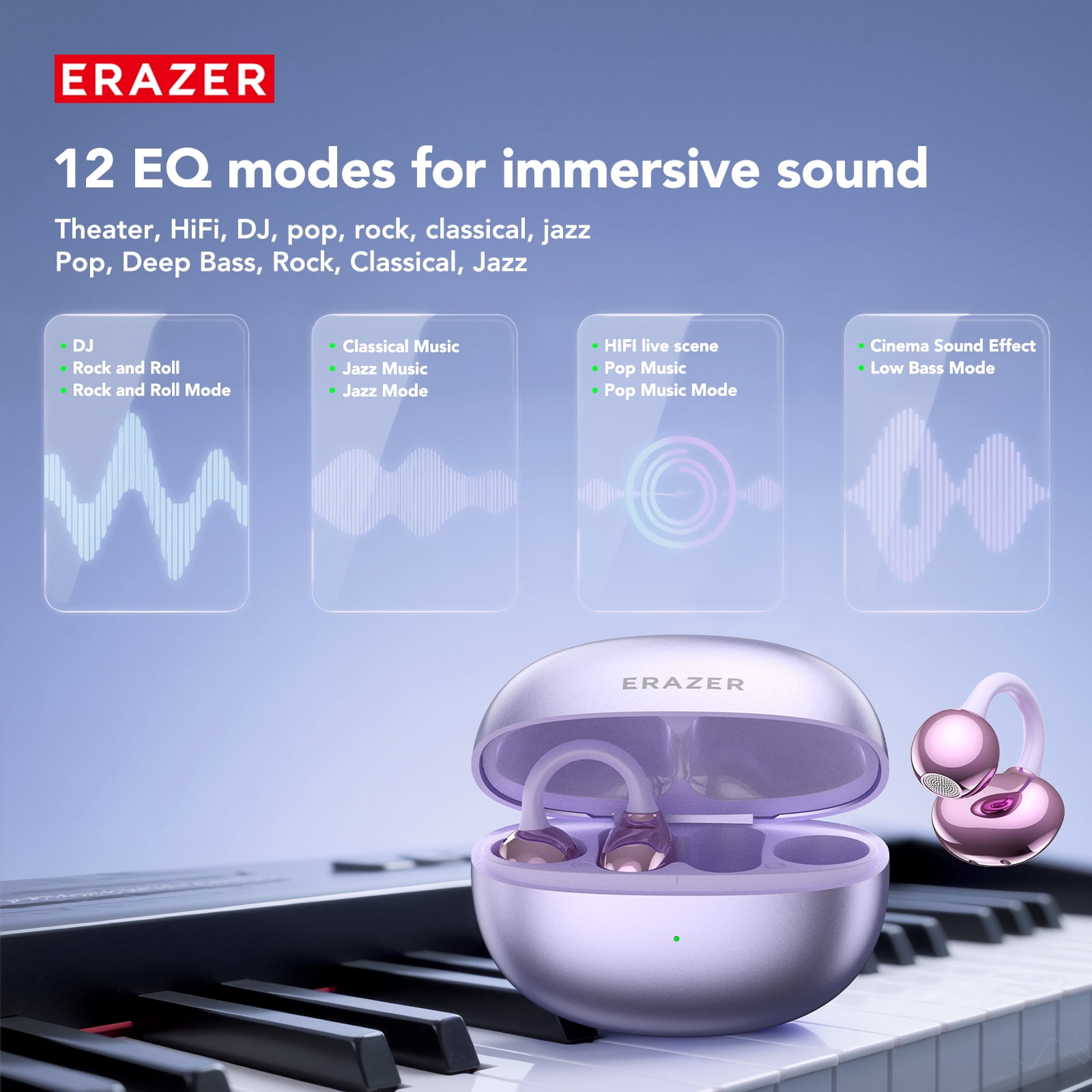 ERAZER XF36 Clip-On Wireless Earbuds, Bluetooth 5.4, 40H Playtime, IPX5 Waterproof Sports Headphones, Purple + Earbud Case
