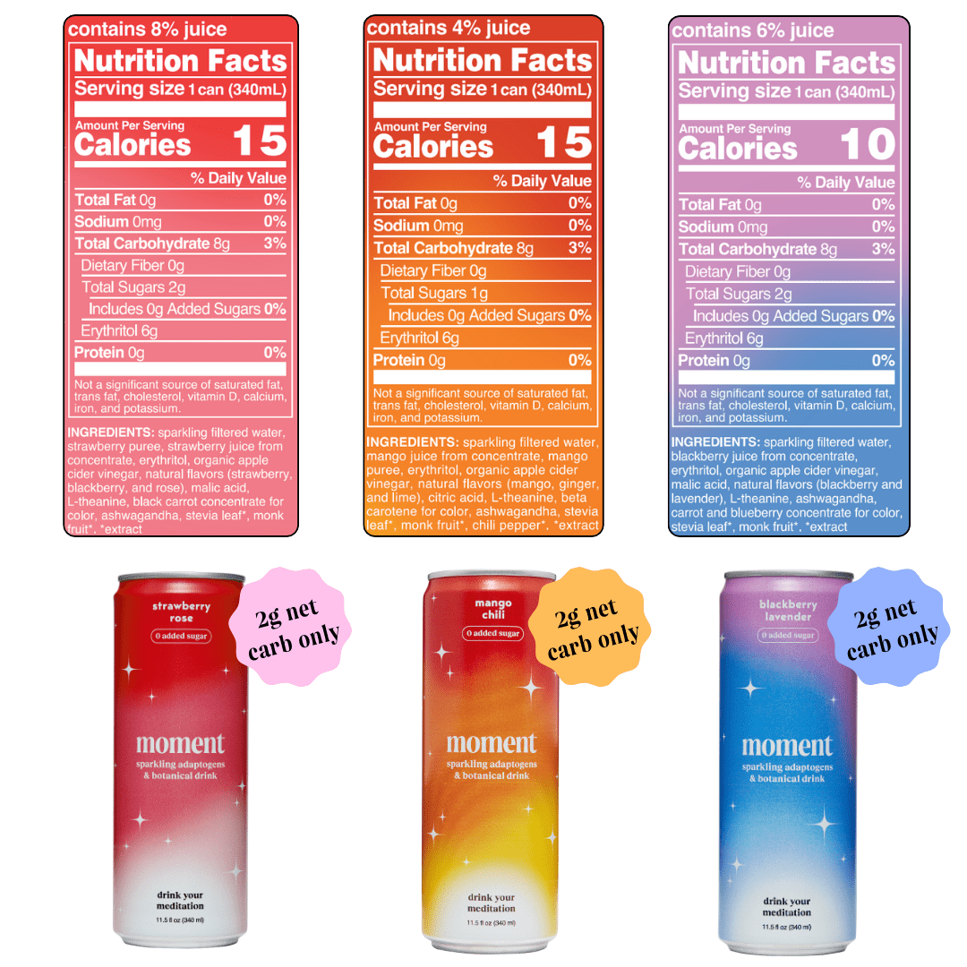 Moment Botanical Soda Soft Drink (Shark Tank) - SPARKLING Drinks | Fruity Fun | L-Theanine & Ashwagandha for Calm & Clarity | 0 Added Sugar 0 Caffeine | 12-pack