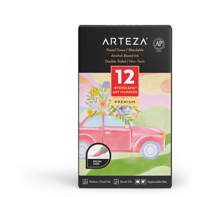 Arteza Professional EverBlend Dual Tip Ultra Artist Brush Sketch Markers,  Pastel Colors, Replaceable Tips - 12 Pack 