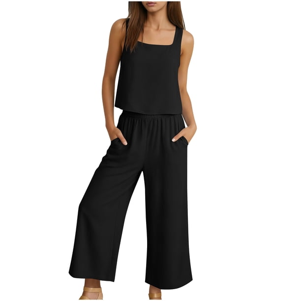 Mujer Pantalones Casual sin Mangas Cuello Redondo Blusa con Cintura Elástica Suelta Bolsillos Pantalones Conjunto de Dos Piezas