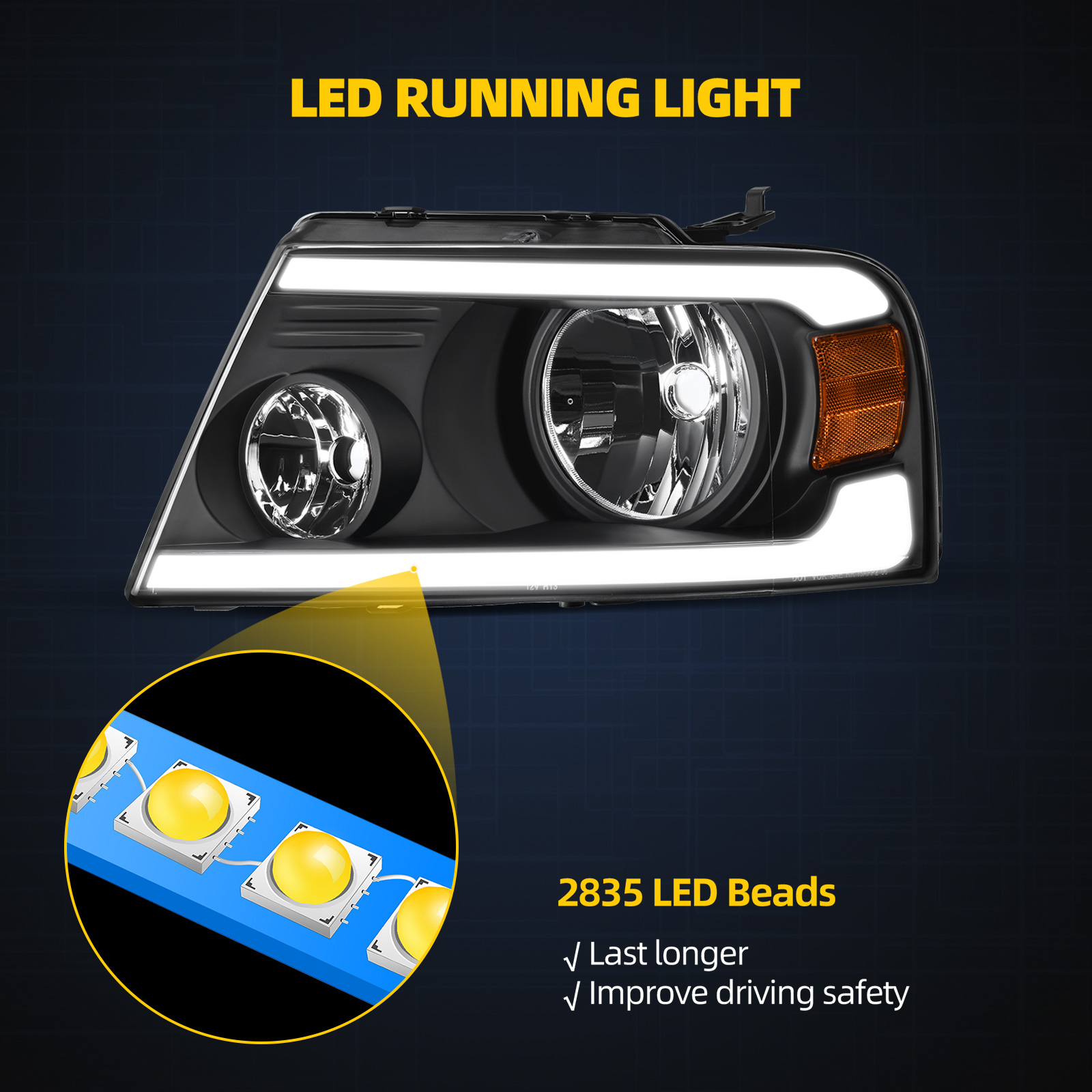 RVNI For 2004-2008 Ford F150 F-150/06-08 Lincoln Mark LT LED DRL Sequential Headlight