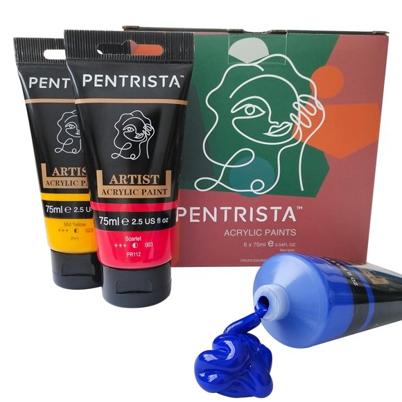 PENTRISTA Acrylic Paints 6 Large Tubes Virbrant Colors 75ml/2.54 oz Non-Toxic Art Supplies for Canvas, Wood, Ceramic, Fabric and Nail Art, Professional Paint Set for Beginners, Students, and Artists