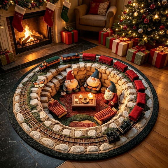 3D Christmas Gnome Train Round Area Rug - Soft Non-Slip Washable Floor Mat for Living Room Bedroom Entryway Festive Holiday Decor