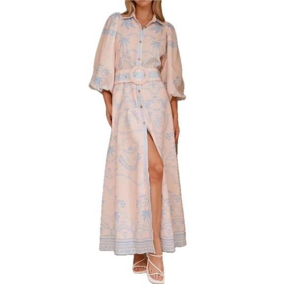 Women's Printed Balloon Sleeve Maxi Shirt Dress with Belt and Button Front 100% Polyester fabric for Everyday Wear