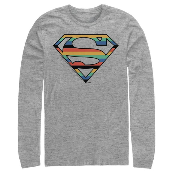 Men's Superman Logo Retro Stripe  Long Sleeve Shirt Athletic Heather 2X Large