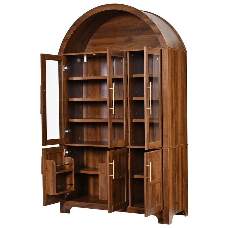 Arched Kitchen Pantry Cabinet with Glass Doors, Farmhouse Tall Storage Cabinet with Adjustable Shelves, Door Storage Racks & Open Display Shelves, Wooden Cupboard for Kitchen, Dining Room