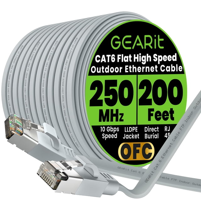 Cable Ethernet GearIt Cat6 de 61 m con blindaje plano para exteriores, 10 Gbps