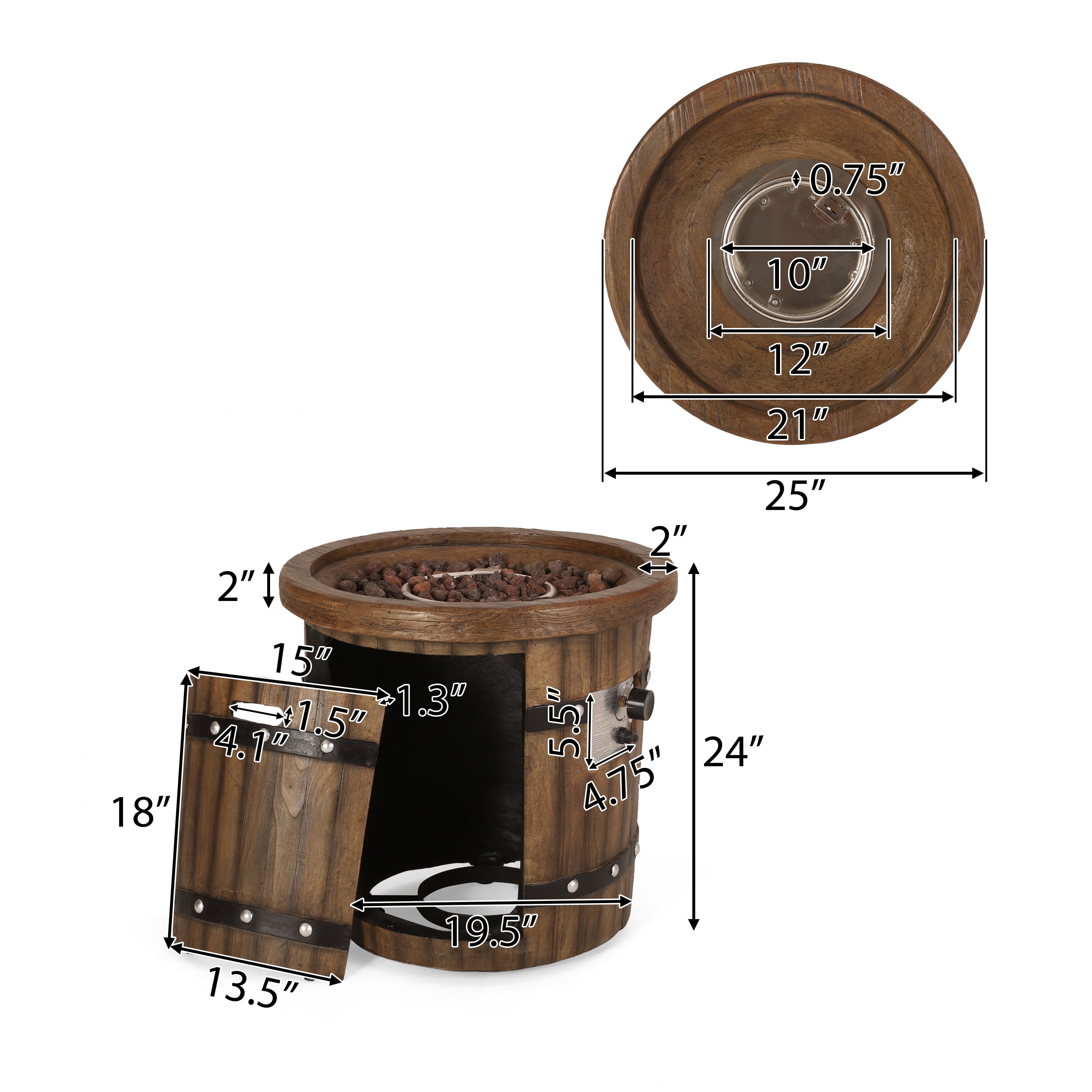 GDF Studio Muriel Outdoor 25" Light Weight Concrete Round Fire Pit 40K BTU, Dark Brown