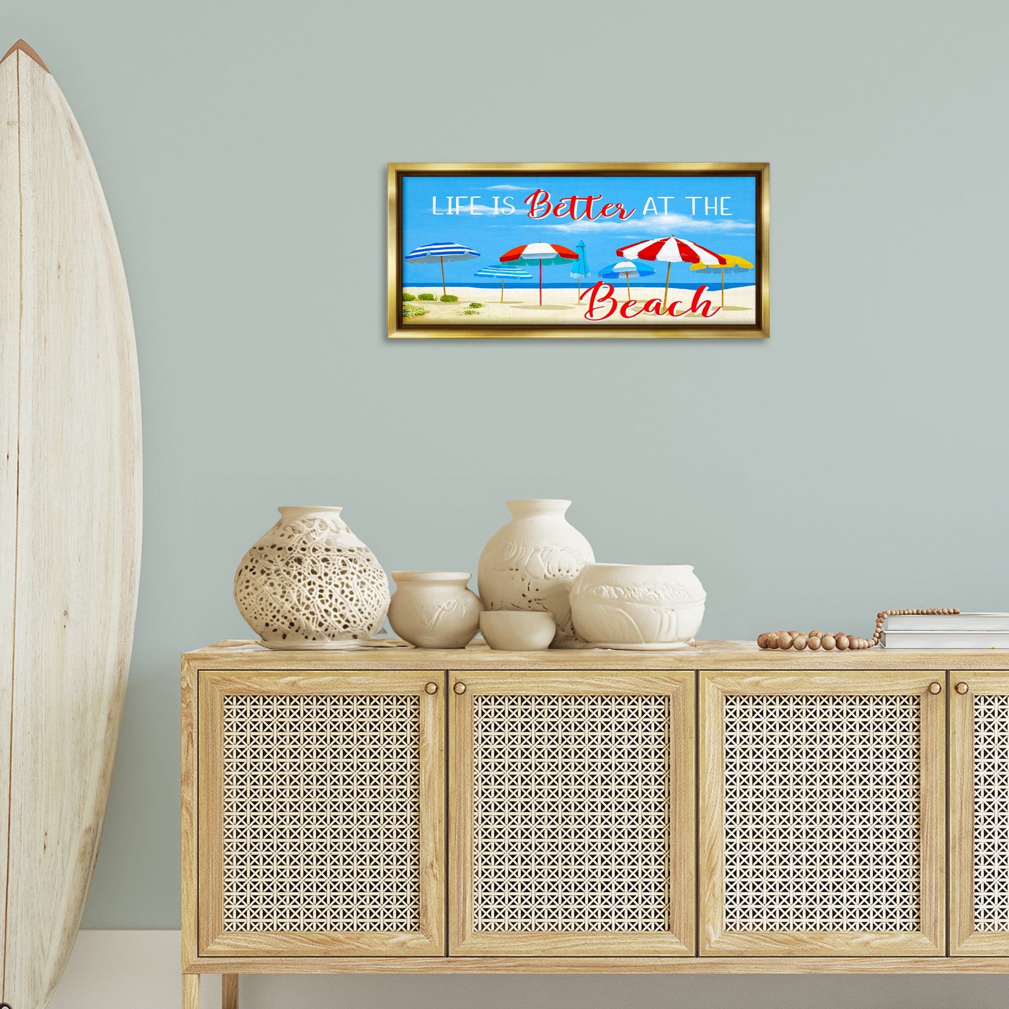 Stupell Industries Better At Beach Scene Landscape Painting Gold Floater Framed Canvas Art Print Wall Art, 31 x 14