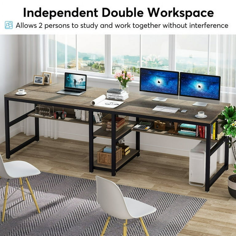 Tribesigns two person desk on sale with bookshelf