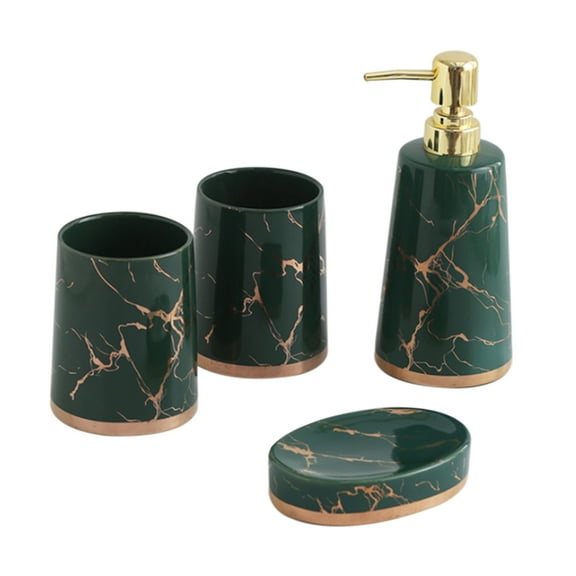 Qeeadeea/Marble Pattern Bathroom Accessories Set, Accesorios Para Baño, 4 Pcs/Ceramic Gift Contain Toothbrush Cup, Soap Dispenser, Soap Dish-dark green-4 set