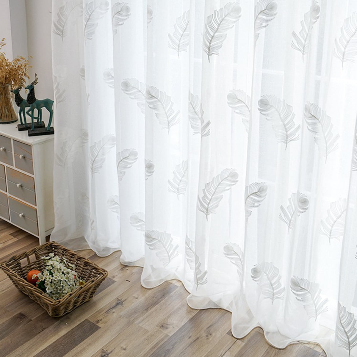Feather Pure White Tulle curtain Window Curtain Divider Panel Semi ...