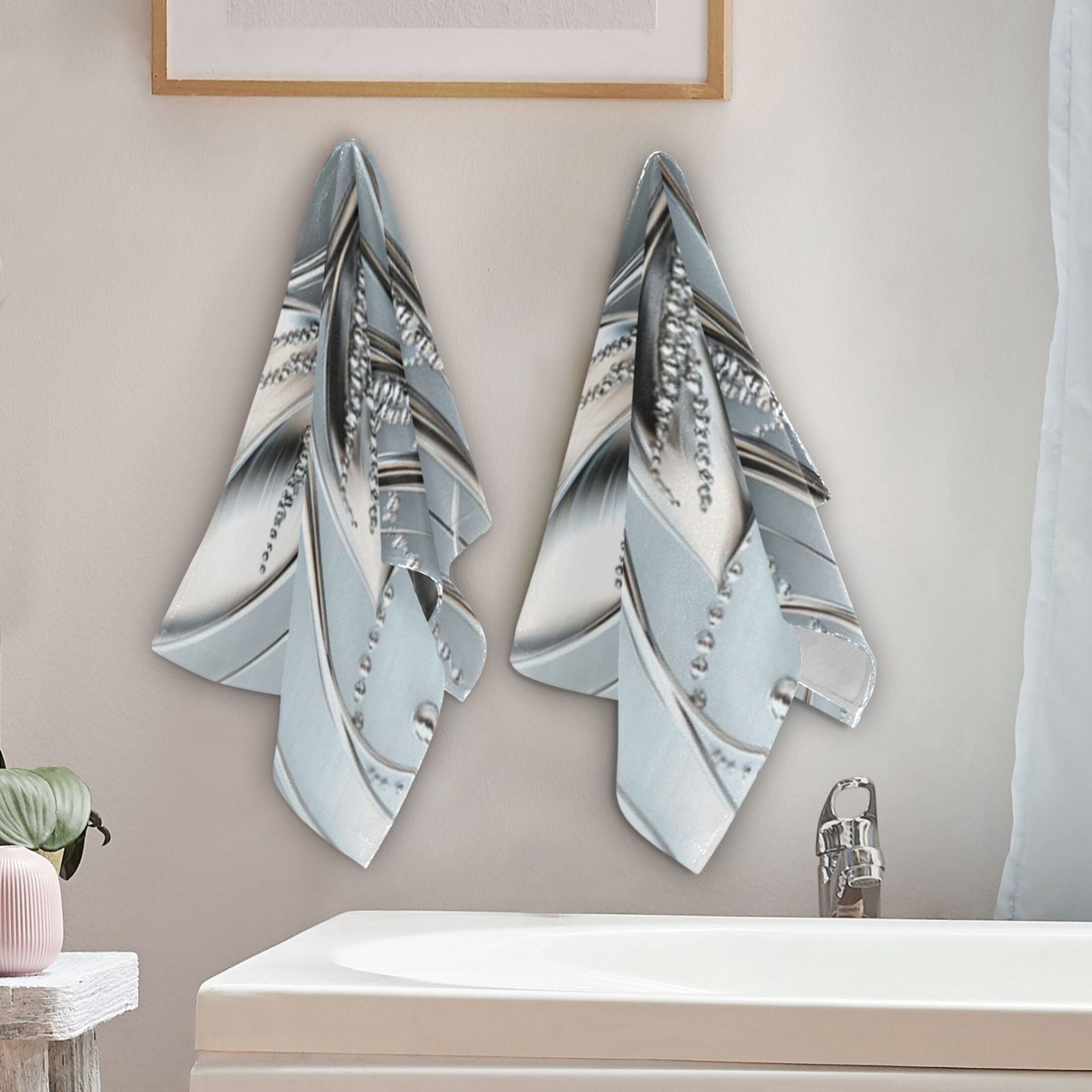 2-Piece Polyester cotton Towel Set Absorbent Grey Metal Silver Flower Leaf Hand Towel Bath Towel Soft and Comfortable Machine Wash 28.3x14.4