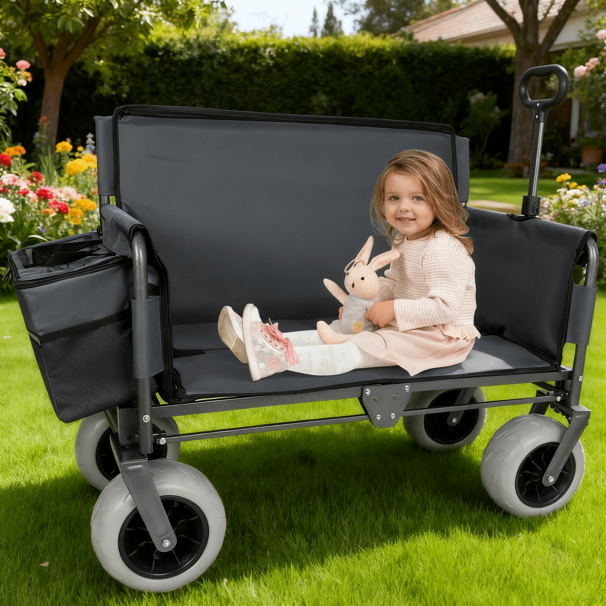 3-in-1 Folding Wagon with Bench Seat, Patent Protected, 500lbs Capacity, 9"x4" Beach Tires, Includes 1 Ice Pack