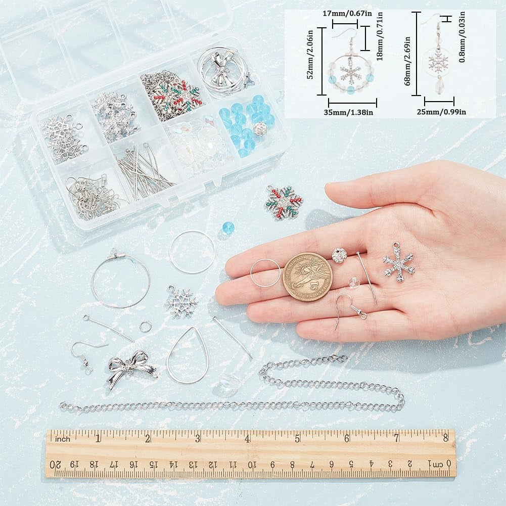 1 Box DIY 10 Pairs Rhinestone Snowflake Charms Christmas Earrings Making Kit Winter Charm Linking Rings Bowknot Connector Charms Faceted Glass Crystal Beads for Jewelry Making Kits Adult
