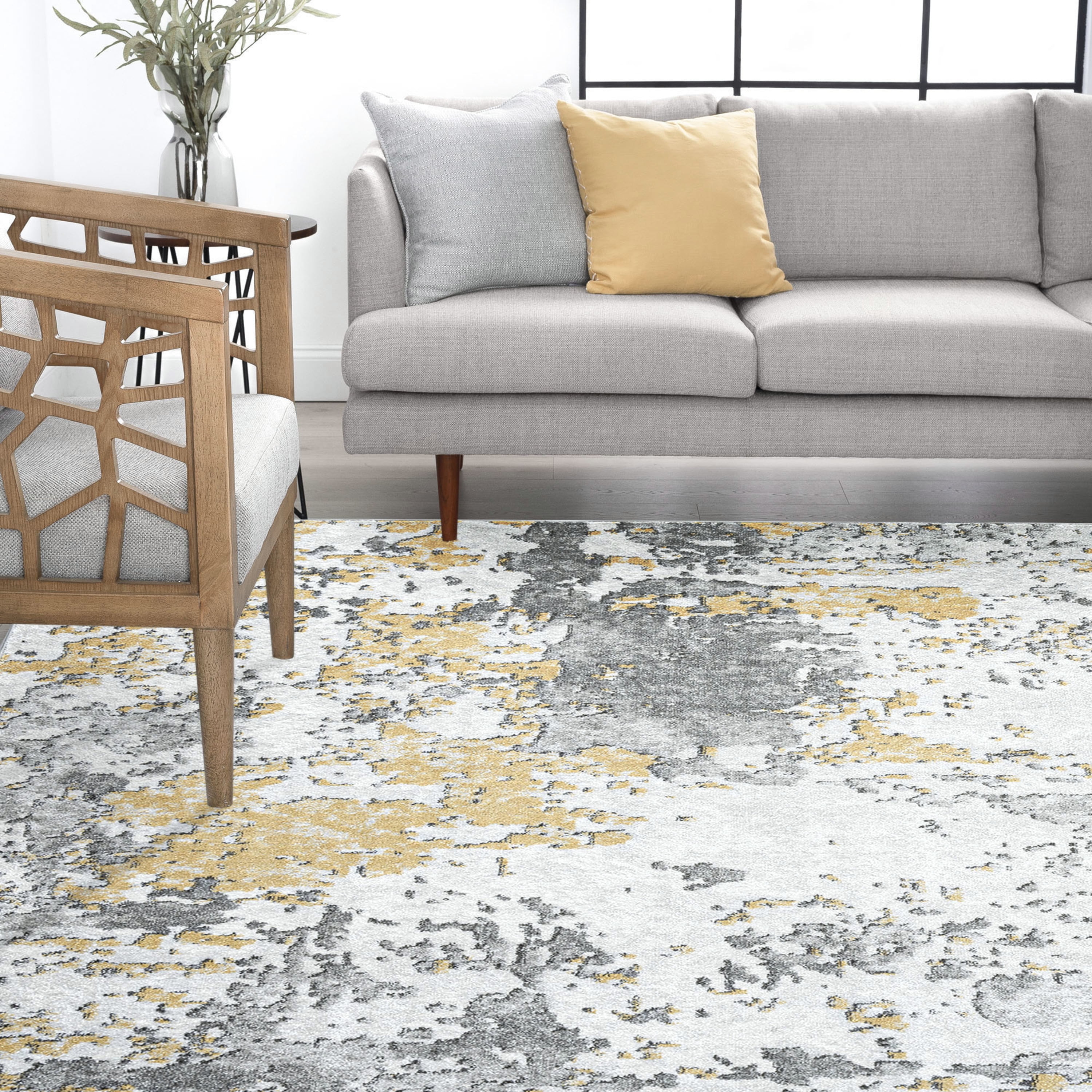 Contemporary 8x10 Area Rug (7'11'' x 10'3'') Abstract Gold, Gold Living Room Easy to Clean
