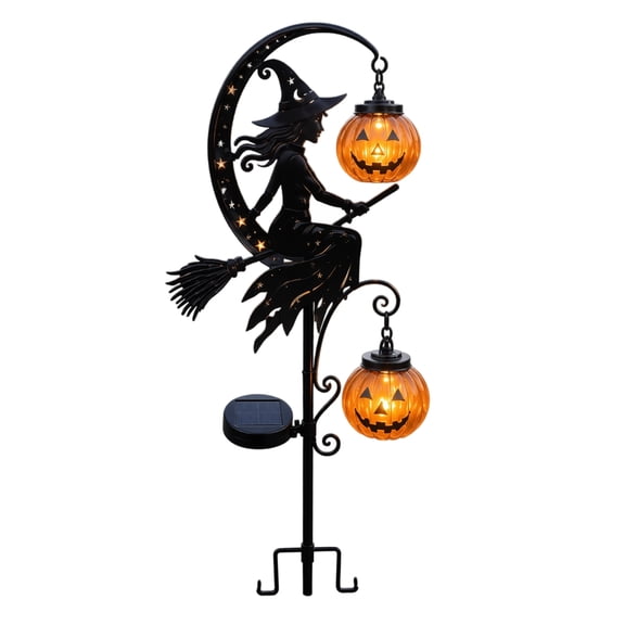 Solar Halloween Witch Garden Stake Light, 39.4" Metal Enchanted Moon with Pumpkin Lantern, Outdoor Yard Decor for Patio Garden