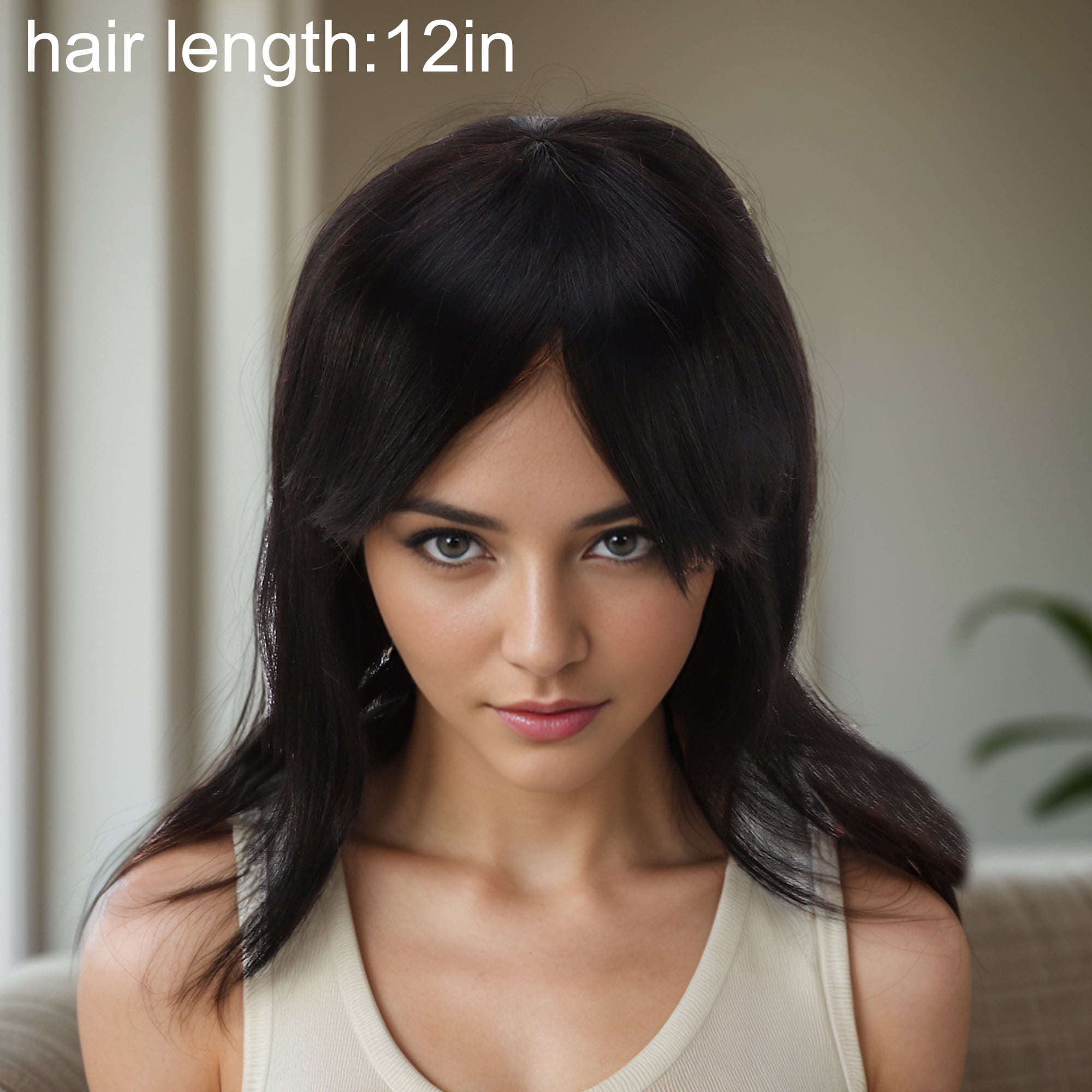 Unique Bargains 1 Pc Long Hair Straight Bangs Hair Wig Real Human Hair 12in Human Wig Black for Women