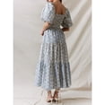 thumbnail image 5 of Blue Floral Print Square Neck Puff Sleeve Tiered Smocked A-Line Maxi Dress For Women, 5 of 8