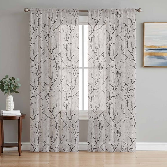 Sheer Curtains 63 Inch Length 2 Panels Set for Bedroom, Black Grey Branches Semi Sheer Curtains for Windows, Vintage Art Farmhouse Voile Window Treatments Rod Pocket Curtain
