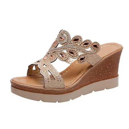 

House Shoes For Women Womens House Slippers Women Ladies Crystal Wedges Thick Peep Toe Sandals Slippers Shoes Gold