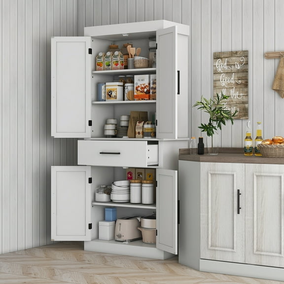 HOMCOM 72" Tall Kitchen Pantry Storage Cabinet, Farmhouse Freestanding Kitchen Cabinet with Barn Doors, Drawer and Adjustable Shelves, White