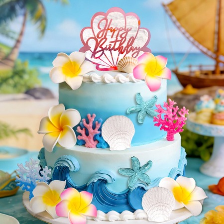 Hawaii Beach Ocean Cake Decorations 13-Piece Set - Tropical Party Cake Topper with Shell, Starfish & Flowers