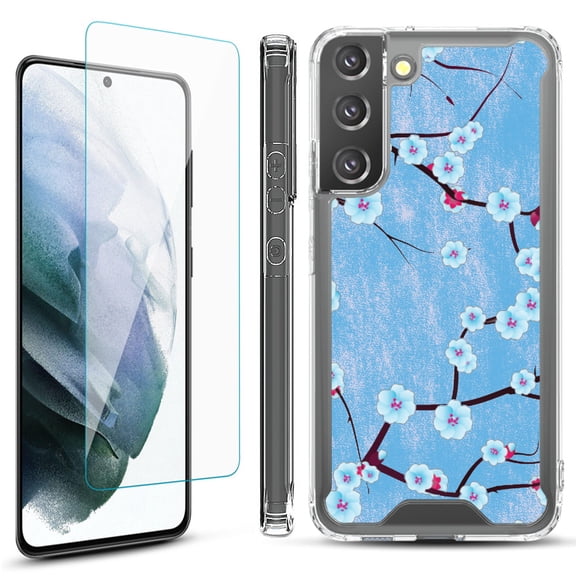 Shockproof Bumper Phone Case for Samsung Galaxy S22  / S22 Plus 5G, with Tempered Glass Screen Protector, by OneToughShield ® - Blossom Sky