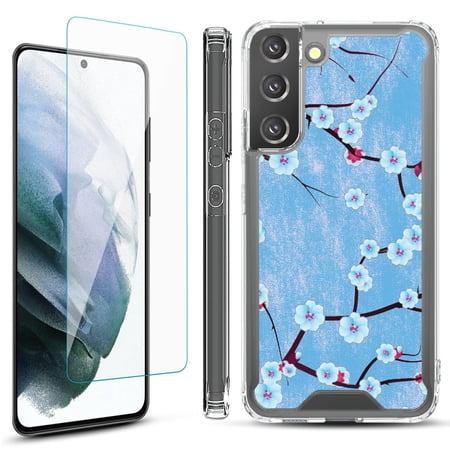 Shockproof Bumper Phone Case for Samsung Galaxy S22+ / S22 Plus 5G with Tempered Glass Screen Protector by OneToughShield ® - Blossom Sky