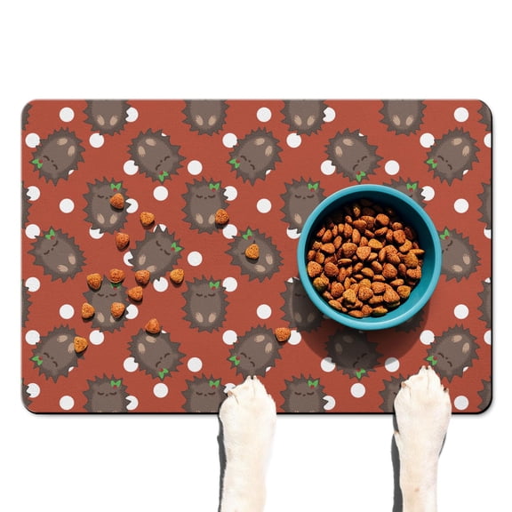 Hedgehog & Mushrooms Dog Food Mat - Waterproof Pet Placemat with Minimalist Hedgehog Aesthetic, Durable & Soft