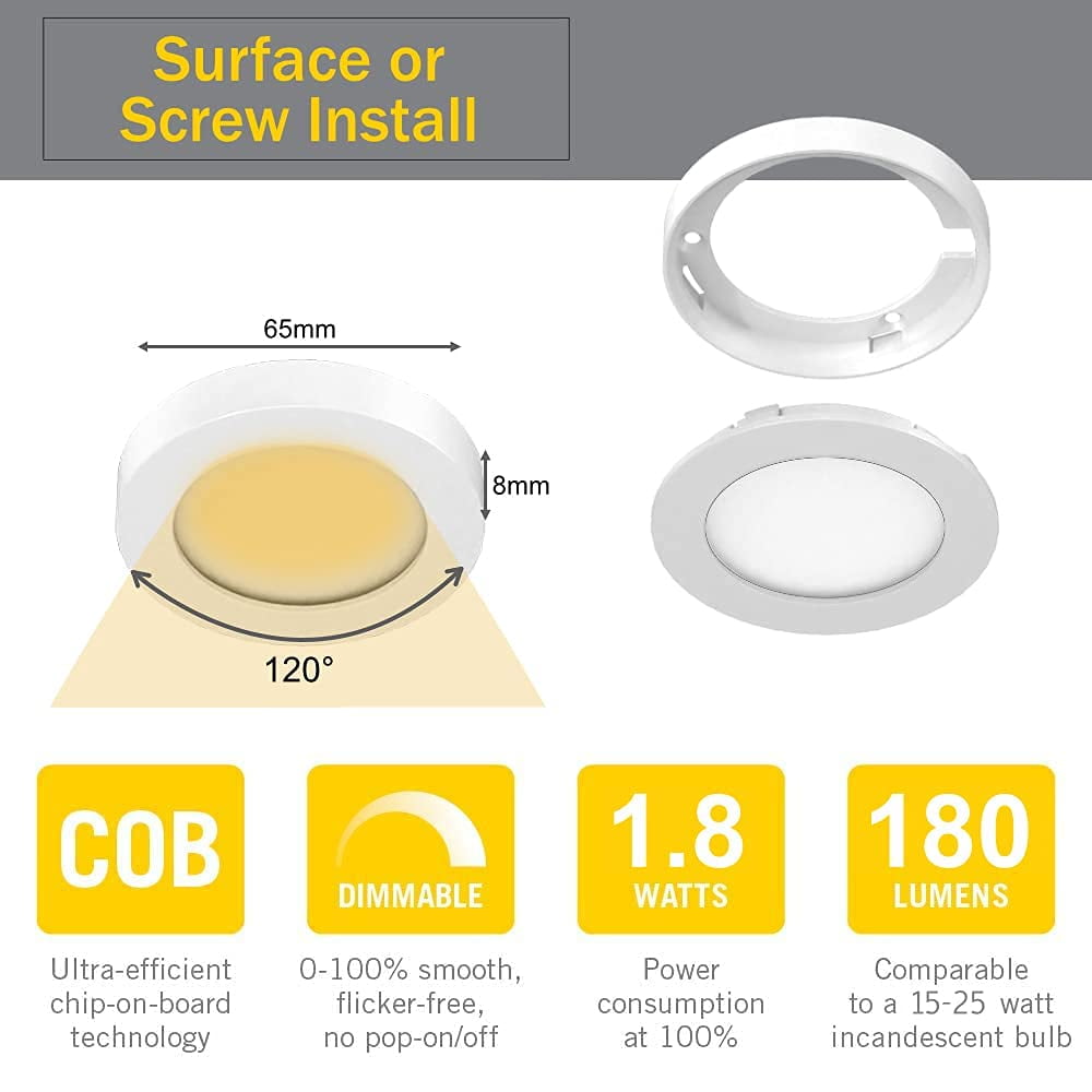 VST Under-Cabinet LED Lights, 2W (12W Total, 60W Equivalent), Wireless Dimmer Switch, Recessed or Surface Mount Puck Light for Kitchen, 4000K, 6 Pack，White