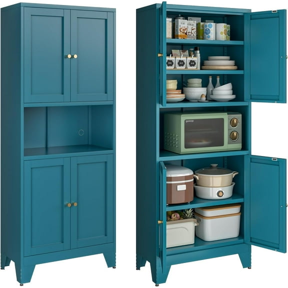 69" Pantry Cabinet,Tall Metal Storage Cabinet with Doors and Adjustable Shelves,High Freestanding Cupboard Locker for Kitchen,Dining Room,Living Room,Office,Blue