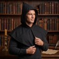 thumbnail image 3 of Reaper Hooded Cowl, Short Cape Medieval, Grim Reaper Cloak, Medieval Renaissance Gothic Vintage Cloak With Hood Unisex Hooded Cowl Halloween Assassin Priest Monk Cosplay Costume, Black One Size, 3 of 5
