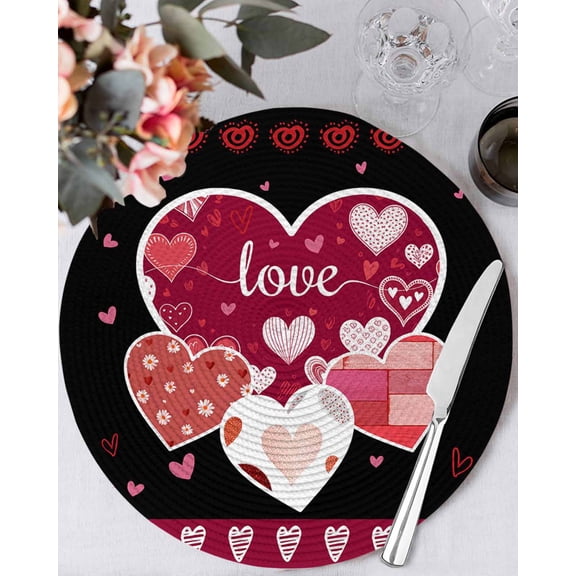 15 Inch Round Placemats Set of 6, Black Valentines Day Non Slip Heat Insulation PP Table Mats, Love Hearts Romantic Farmhouse Washable Place Mats for Kitchen Dining Party Table Decor