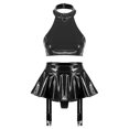 thumbnail image 3 of Conjunto de lencería de charol para mujer, traje Rave para discoteca, Top corto con espalda descubierta y cuello Halter con tangas integradas, minifalda con volantes, 3 of 5