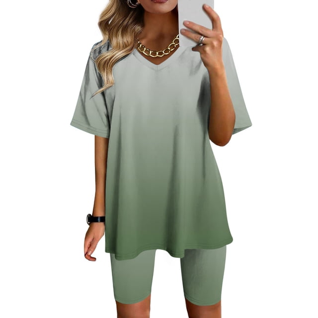Ensemble 2 Pcs pour Femmes Mode Blouse Col en V Manches Courtes Hauts Shorts Ensemble Décontracté Ensemble Deux Pièces pour Femmes en Liquidation