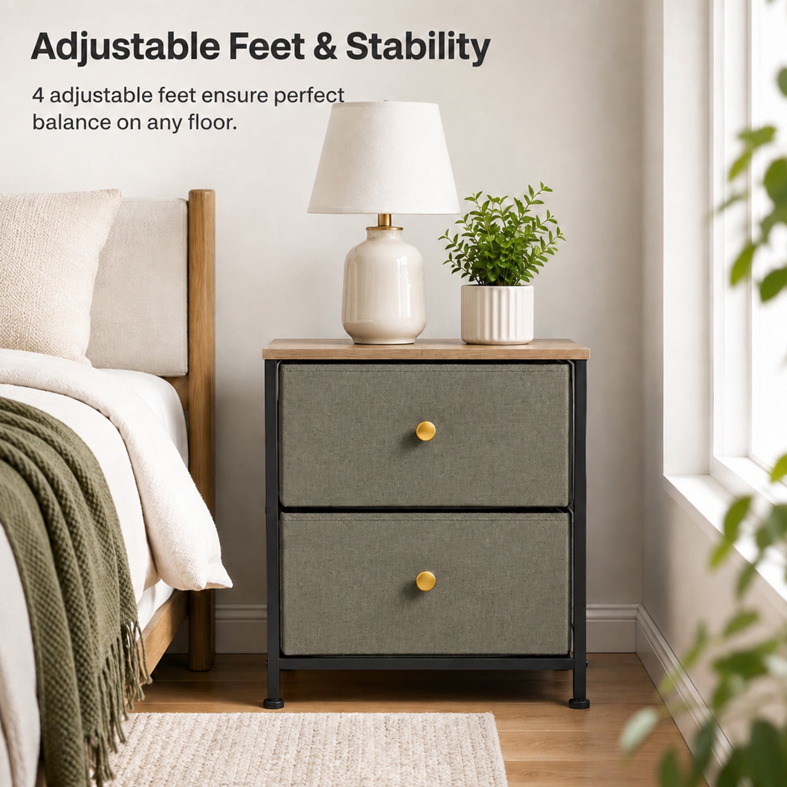 Alvantor Nightstand with 2 Storage Drawers, Small Bedside Table, Small Dresser with Sturdy Wooden Top for Daily Essentials, Compact Nightstand for Bedroom and Small Spaces