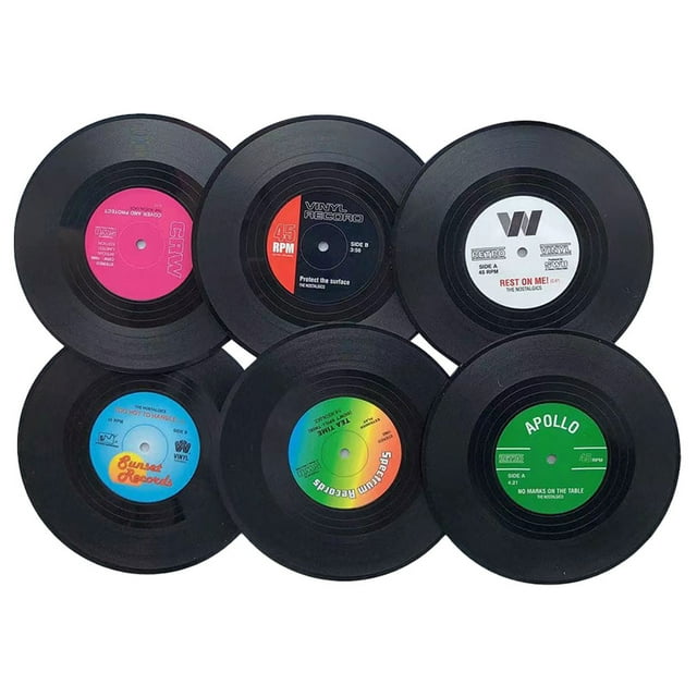 Un juego de 6 posavasos, posavasos de cristal, posavasos, posavasos de cristal, posavasos de discos de vinilo retro, cojines aislantes antideslizantes para café y bebidas.