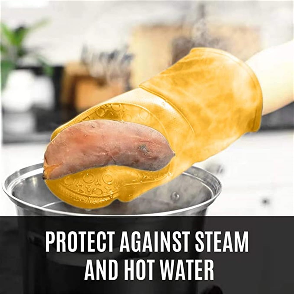 Kepooman 14.7" 1 Pair Extra Long Oven Mitts Water Repellent Heat Resistant with Quilted Liner for Oven Cooking, Grill & BBQ Non Slip Gloves, Yellow