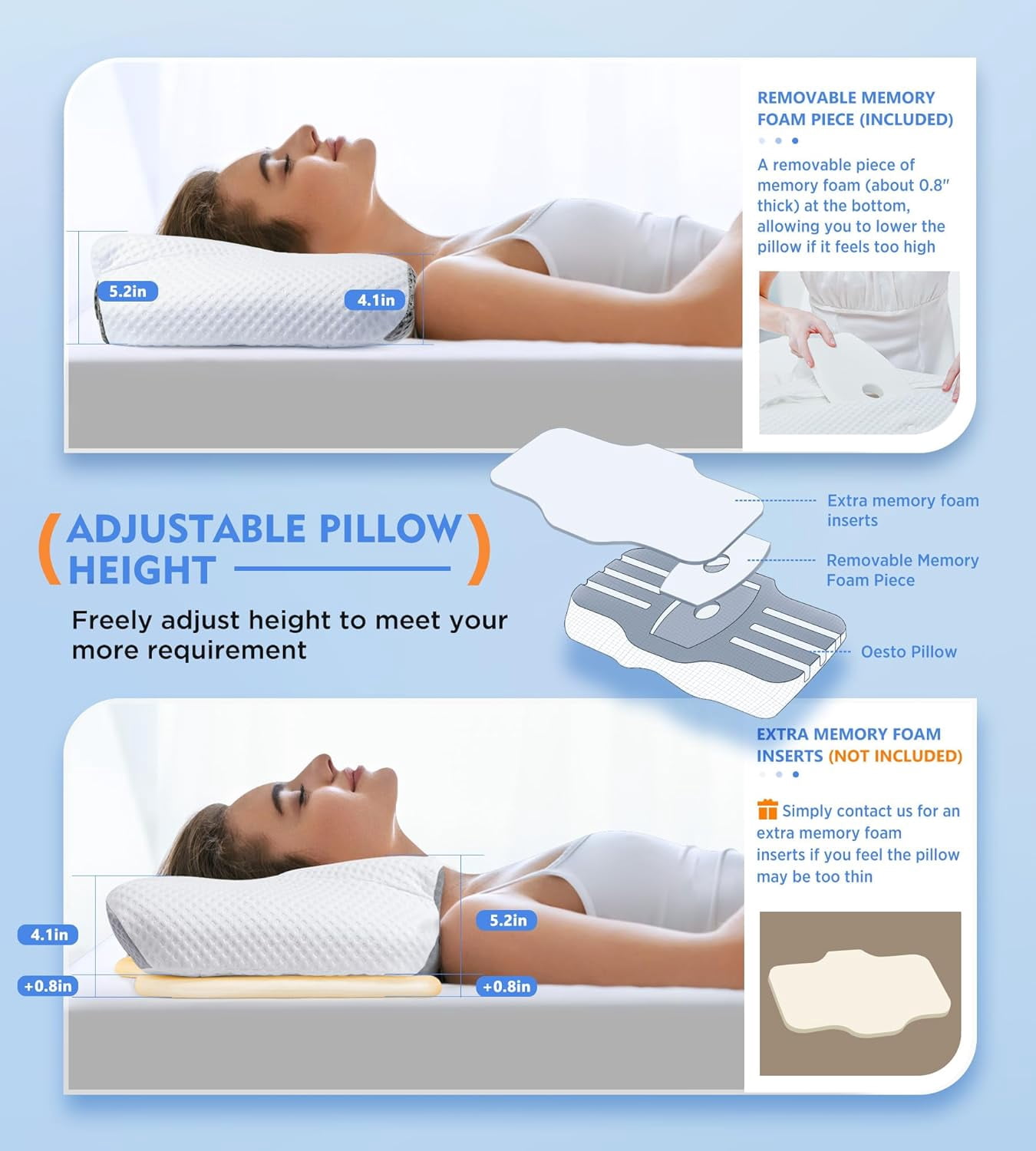Cervical Pillow for Neck Pain Relief, Hollow Design Odorless Memory Foam Pillows with Cooling Case, Adjustable Orthopedic Bed Pillow for Sleeping, Contour Support for Side Back Sleepers