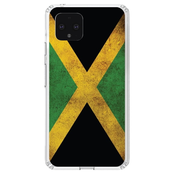 DistinctInk Clear Shockproof Hybrid Case for Google Pixel 4 XL (6.3" Screen) - TPU Bumper, Acrylic Back, Tempered Glass Screen Protector - Jamaica Old Flag Black Green Yellow - Love of Jamaica