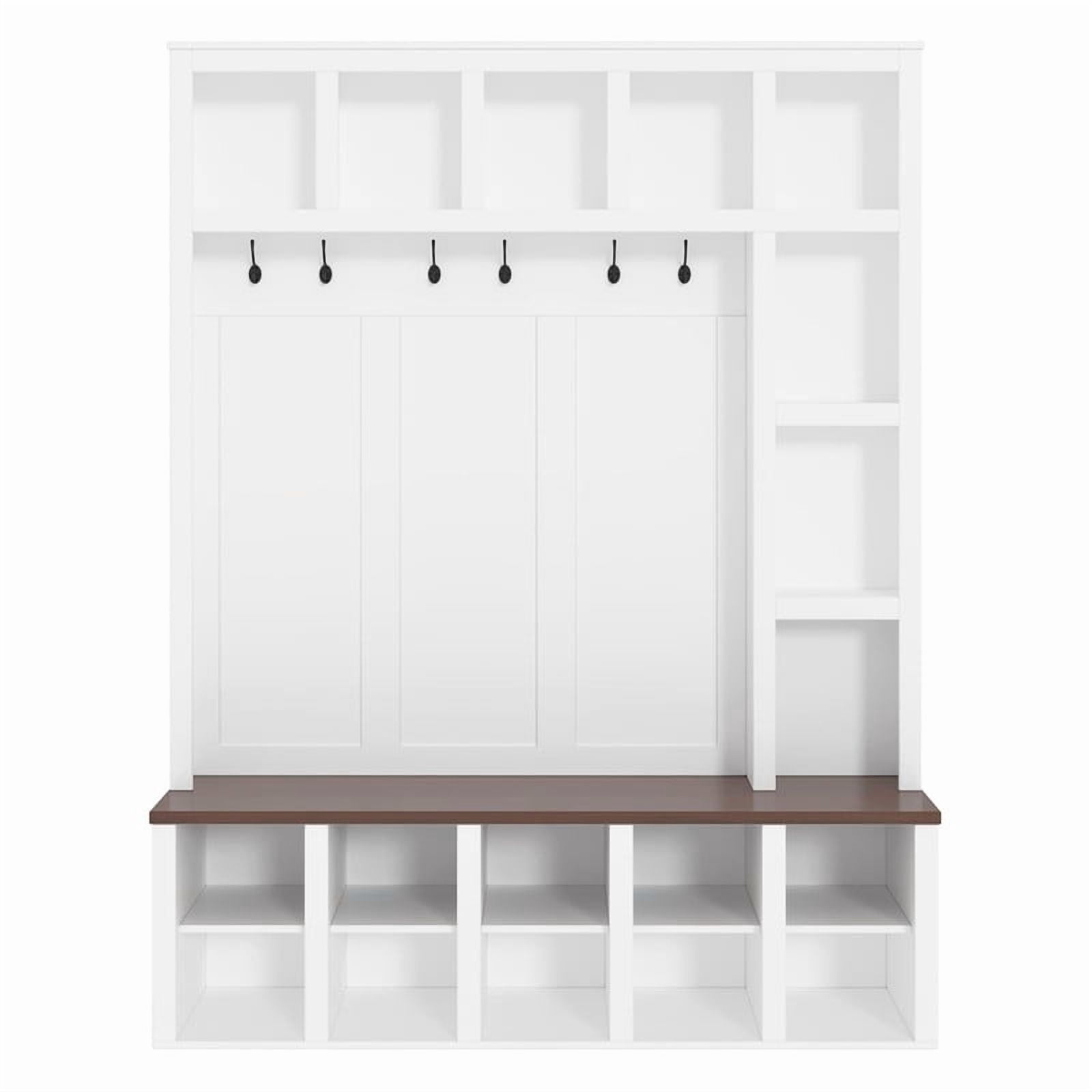 Farmhouse 4-in-1 Entryway Hall Tree with 6 Hooks, Versatile Storage Bench with Open Cubbies, Entryway Coat Rack with Adjustable Shelves for Mudroom, Living Room