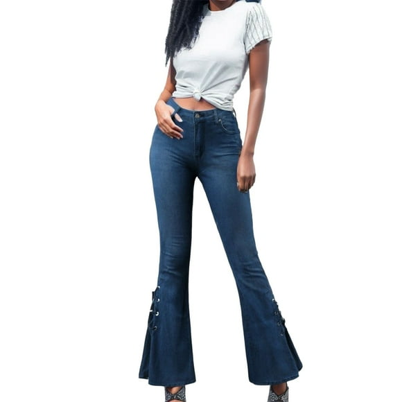 Bmisegm Women's Mid Waist Flared Lace Up Denim Jeans, Blue, XXL