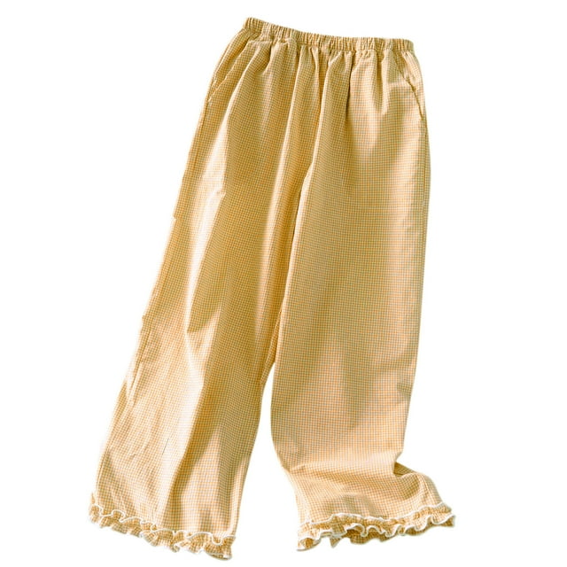 MeetoTime Womens Pajama Pants Checkered Elastic Waist Casual Ruffled Home Long Pants with Pocket